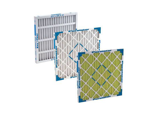 Three different types of pleated air filters manufactured by Purolator.