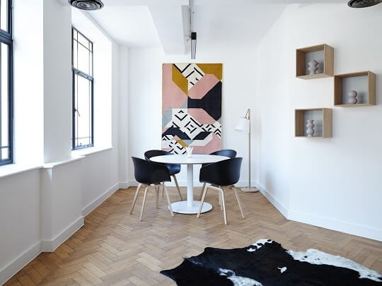 A modern dining room in a home.