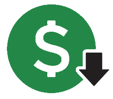 Down arrow and money sign icon.